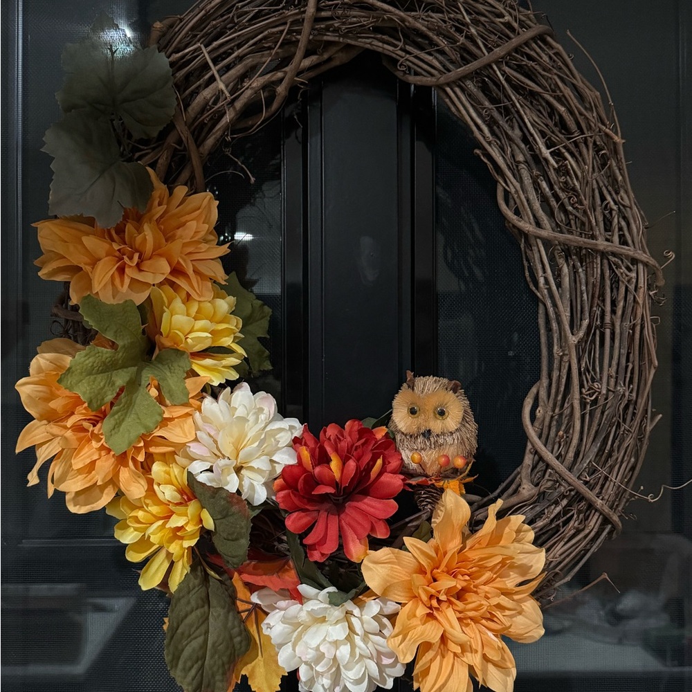 Autumn Floral Wreath with Owl Accent